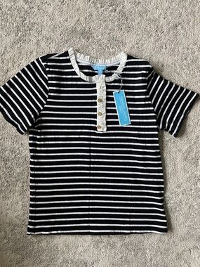 Draper James Black and White Striped Ruffle Henley Top